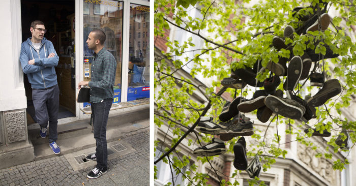 Gamla skor i trädet skuggar entrén till CHB.