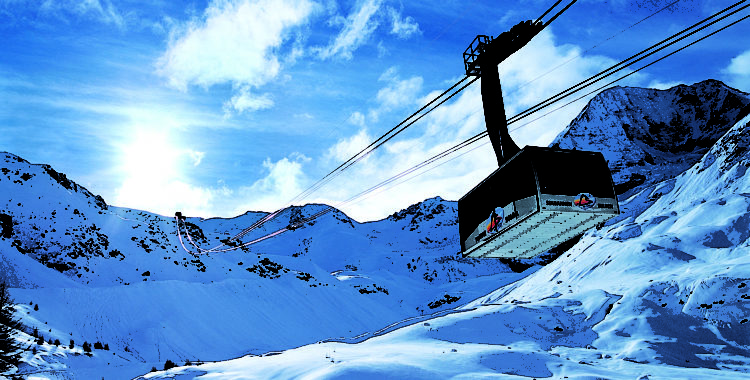 Seilbahn svävar som en zeppelinare över de snöbeklädda vidderna