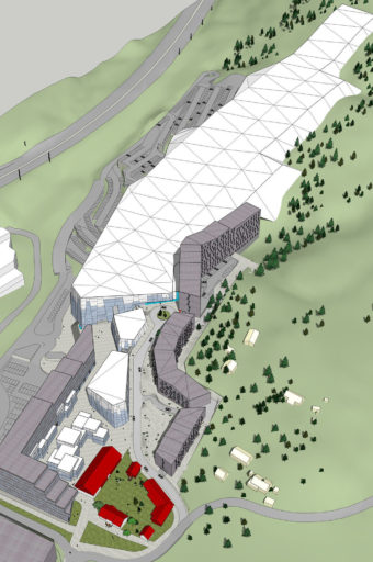 Skisser på hallen och omgivningarna ovanifrån.