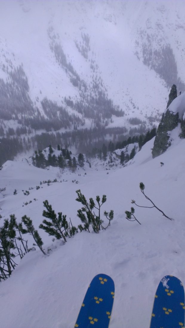 Första åket med de nya laggen. Halvbra snö, brant och lite träd. Så som det ofta brukar vara.