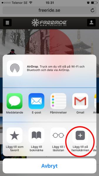 Välj "Lägg till på hemskärmen"