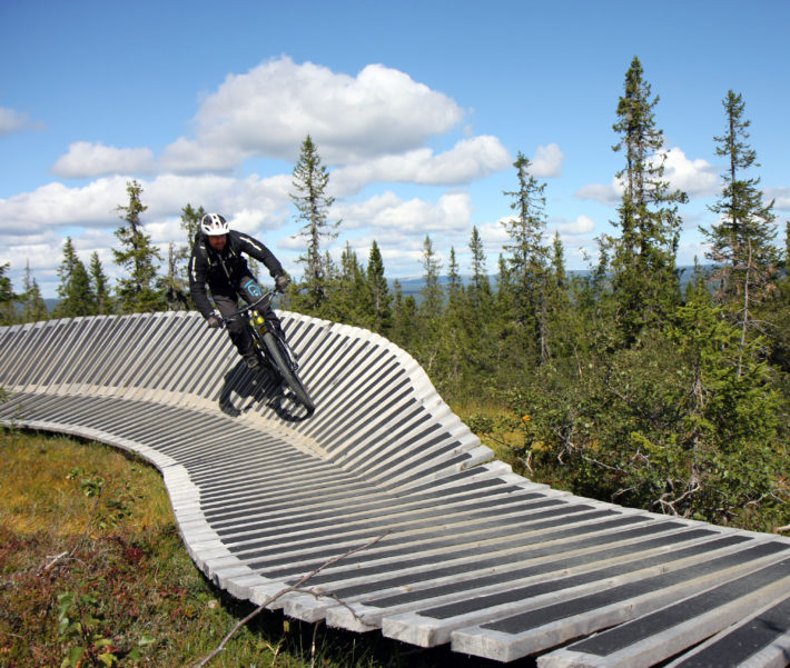 Olve Norderhaug kommer nedför en av trädelementen på Magic Moose.