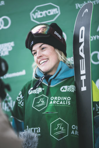 Hedvig efter FWT-tävlingen i Ordino Arcalis, Andorra.