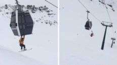 Skidåkare gör backflip från gondol