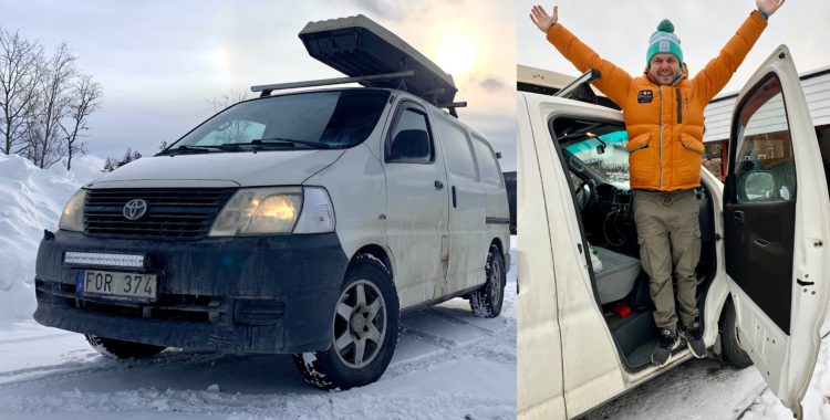 Andreas är på puderturné i Sverige med sin nybyggda camper. 