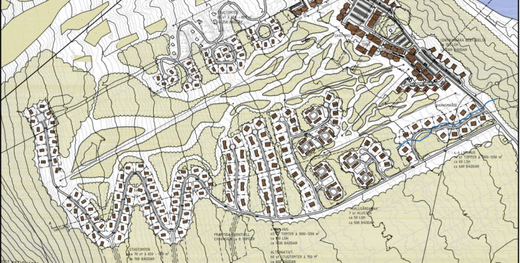 Arkitektritning på nya skidområdet Branäs Syd 5 liftar och 5 nedfarter.