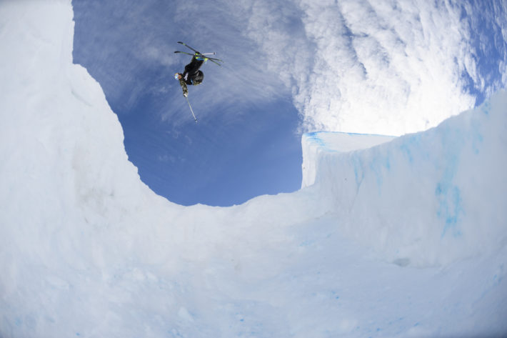 Nick Goepper big air on slopestyle course, shot from the ground