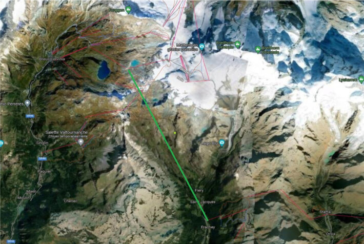 Kartbild över liften som kopplar ihop Champoluc med Zermatt för att skapa Cervino Monterosa Paradise.