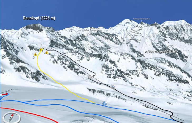 Panoramas sträckning visas av gula strecket. . Foto: Stubaier Gletscher.