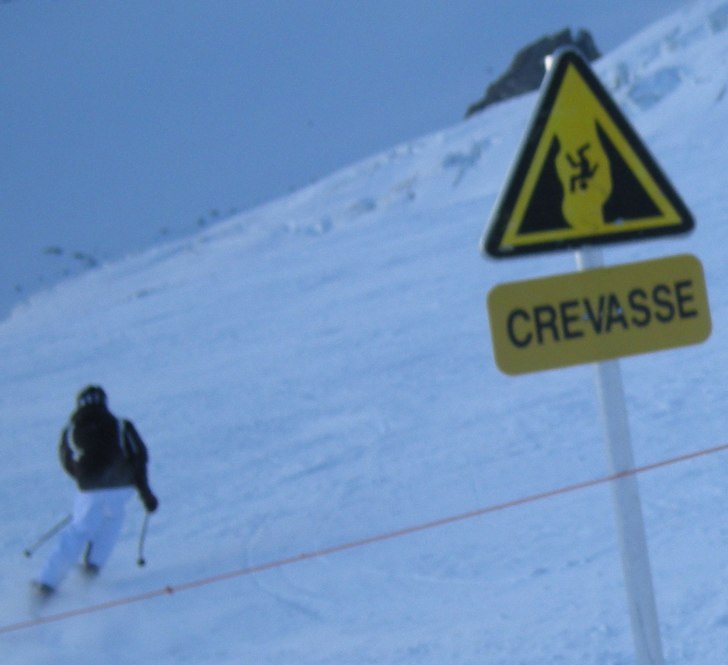 Crevasses = glaciärsprickor ;P. Foto: Kamera. Åkare: Anonym:P.