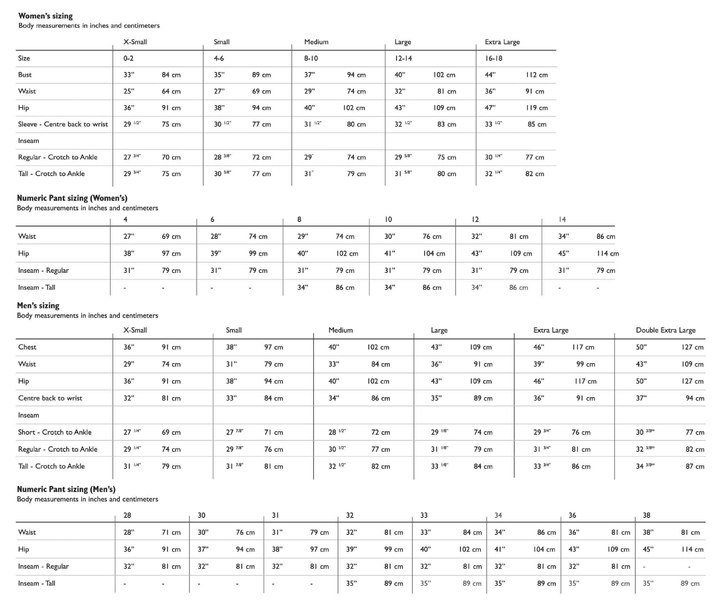 Arcteryx size chart 2004. Foto: e/a.