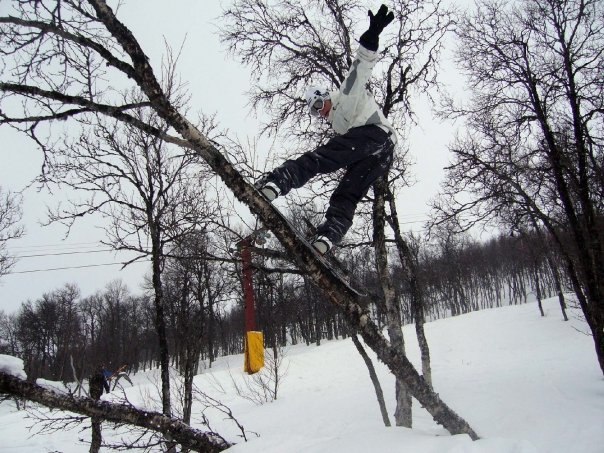 Jens tar en sväng upp på en träd.. Foto: Linus Krantz. Åkare: Jens Jonsson.