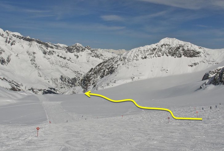 Relativt flacka starten av åket som går med pist. Foto: Powder Department Stubaier Gletscher.