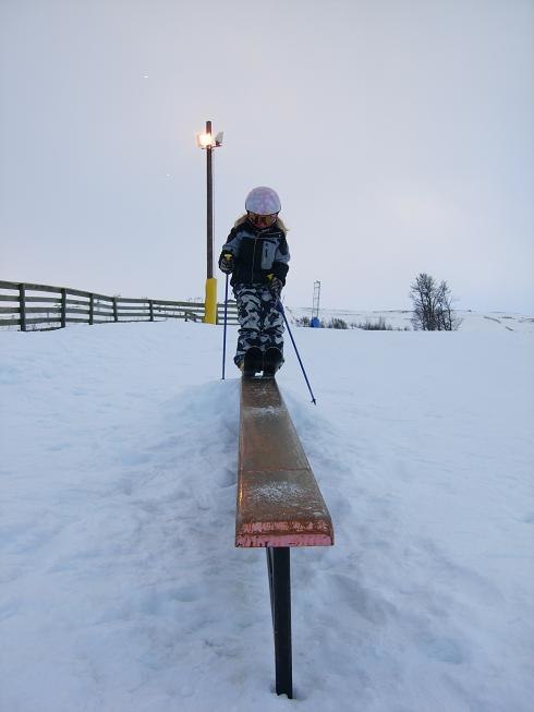Årets första rail försök. 
Det är ganska sv�. Foto: Pappa. Åkare: Ronja Sandström.
