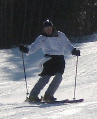 Skidåkning i kock-kläder (\"Snömoset är s. Foto: Linda Persson. Åkare: Stefan (smålänningen) Johansson.