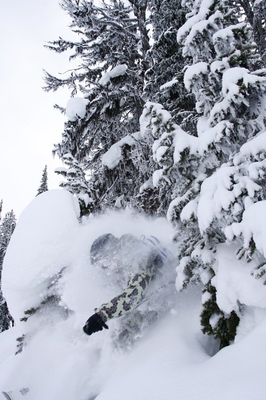 Schnabelkäse-teamet fortsätter turen i ett puder. Foto: Kim Molander. Åkare: marcus jungerstam.