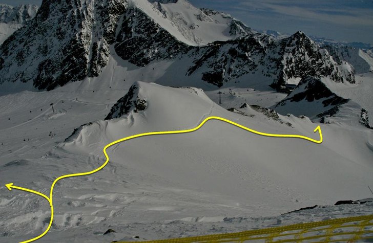 Här tar du av från pisten och ger dig ut mot den. Foto: Powder Department Stubaier Gletscher.