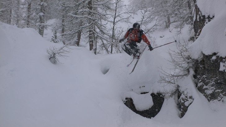 Lite meterdjupt puder i skogen. Livet var bra!. Foto: Michael Malmros. Åkare: Martin Bengtsson.