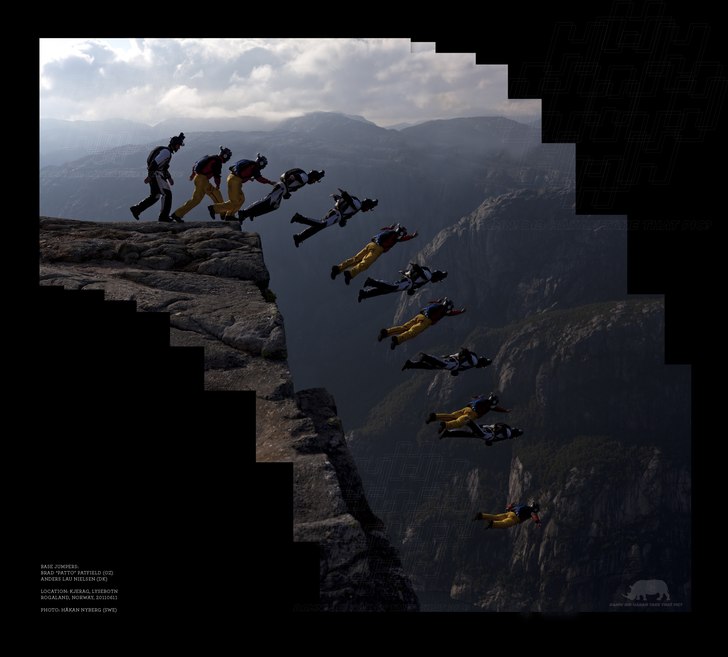 Det är ganska prick 960 meter ner till Lysefjorde. Foto: Håkan Nyberg. Åkare: Brad Patto Patfield (OZ), Anders Lau Nielsen (DK).