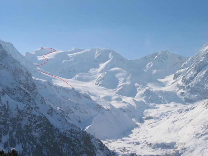 Topptur mot Suldenspitze 3376m markerad, 776 höjd. Foto: Martin Hanson.