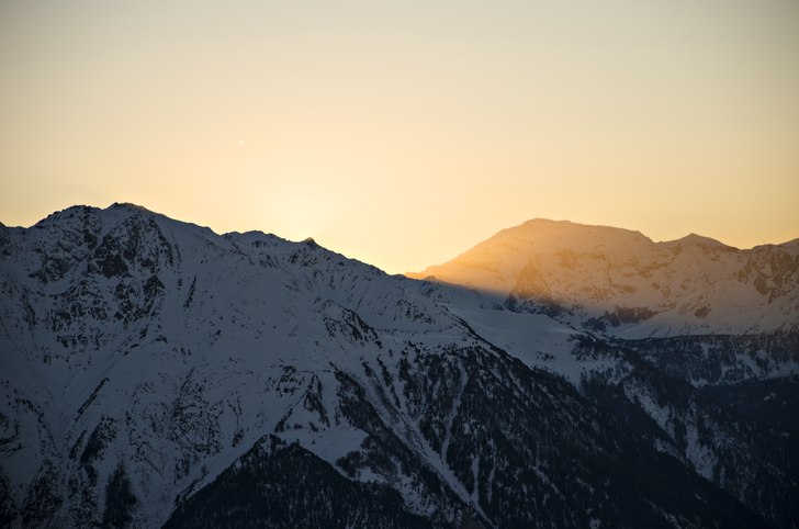 Solnedgång. Verbier, Schweiz.
