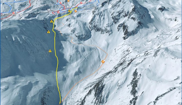 Diritissima letar sig ned i samma dalgång som opi. Foto: Stubaier Gletscher.