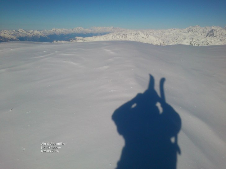 toppen Aiguille d\'Argentière, skidor ned se.