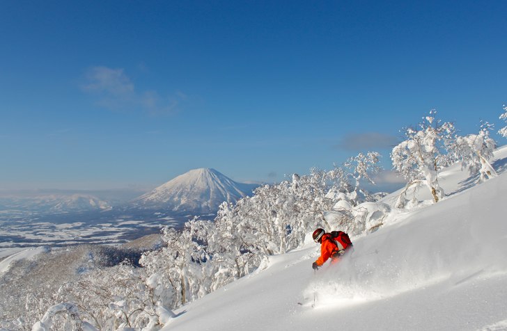 Pudder i Rusutsu med vulkanen Mt.Yotei i bakgrunne. Foto: ingvild Birgitte Ellingsrud. Åkare: Åshild Vedvik.