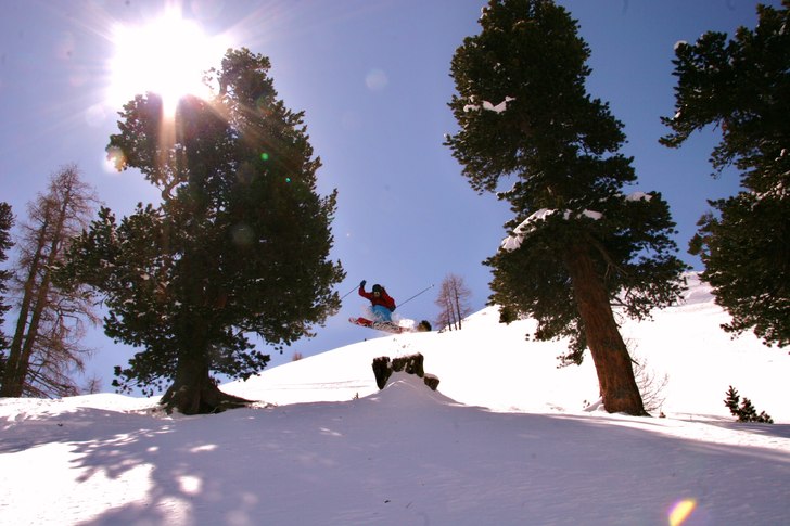 Hopp över en gammal stubbe i skogen i Zermatt.. Foto: Andreas Alm. Åkare: Adam Jonsson.