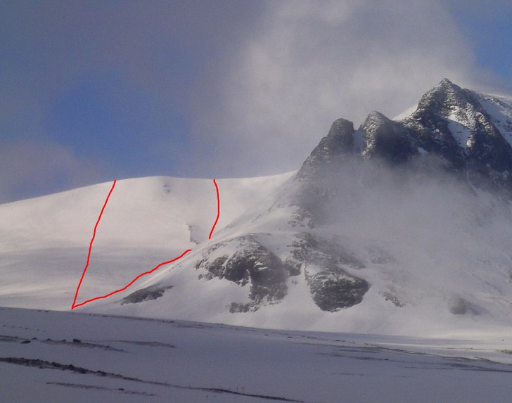 Linjen till höger är på glaciären. Linjen till. Foto: Mattias Skantz.
