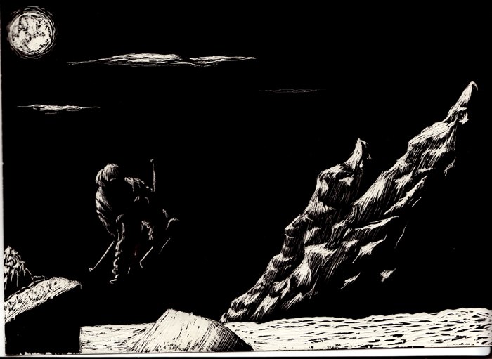 Inristat i skrapkartong på bildlektionen. Foto: Fotograf och fotograf, det är inte ett foto. Men "konstnären" är MOI. Åkare: Tror modellen va PK Hunder.