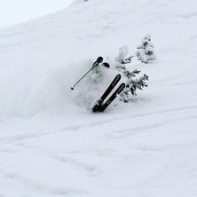 Viktor tar sats och klipper en stackars gran i tor. Foto: Johan Larson. &Aring;kare: Viktor H&auml;ggander.