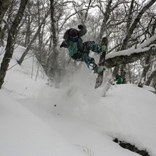 Foto: Jan Stala. &Aring;kare: Wang Lei is testing the natural Log Sliding in the forest.