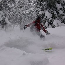 Emma i sn&ouml;tyngd skog i Madrisa, Davos.. Foto: Petter Gustafsson. &Aring;kare: Emma &Ouml;stling.