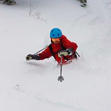 Shredding early season pow between the tress. Foto: Erik Mauer. &Aring;kare: Johan Jidinger.