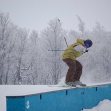 ludde skrapar bort lite sn&ouml; fr&aring;n boxen. Foto: jag. &Aring;kare: ludde.