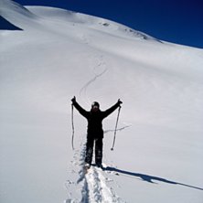 F&ouml;rsta sp&aring;ret p&aring; glaci&auml;ren &auml;r ganska nice att. Foto: Rebecka Beckasin. &Aring;kare: Pierre Jarnbrink.