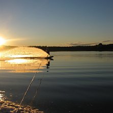 Wakeboard i midnattssolen. Foto: Erik Hj&auml;rtberg. &Aring;kare: Johan Berglund.