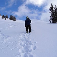 P&aring;v&auml;g upp mot toppen av Hauser Kaibling.. Foto: Anders Nilson. &Aring;kare: Johan Nilson.