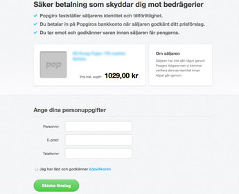 Du slussas därefter vidare till Popgiros formulär där du fyller i dina uppgifter. Popgiro lägger till 29 kronor per genomförd affär