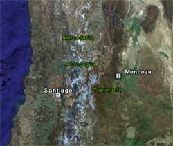 Aconcagua ligger i Argentina, strax norr om Santiago.