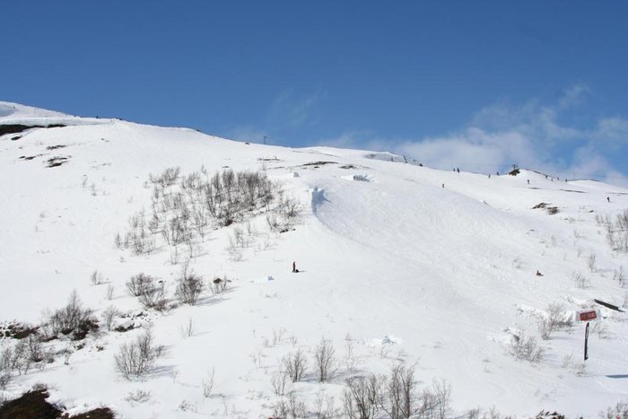 Vy över slopestyleoffpist i Björkliden.