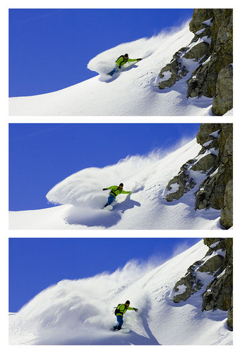 Daniel är duktigt på att spruta snö med sin bräda.