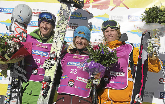 Herrarnas podium i freeridetävlingen. Andreas Fransson till höger.